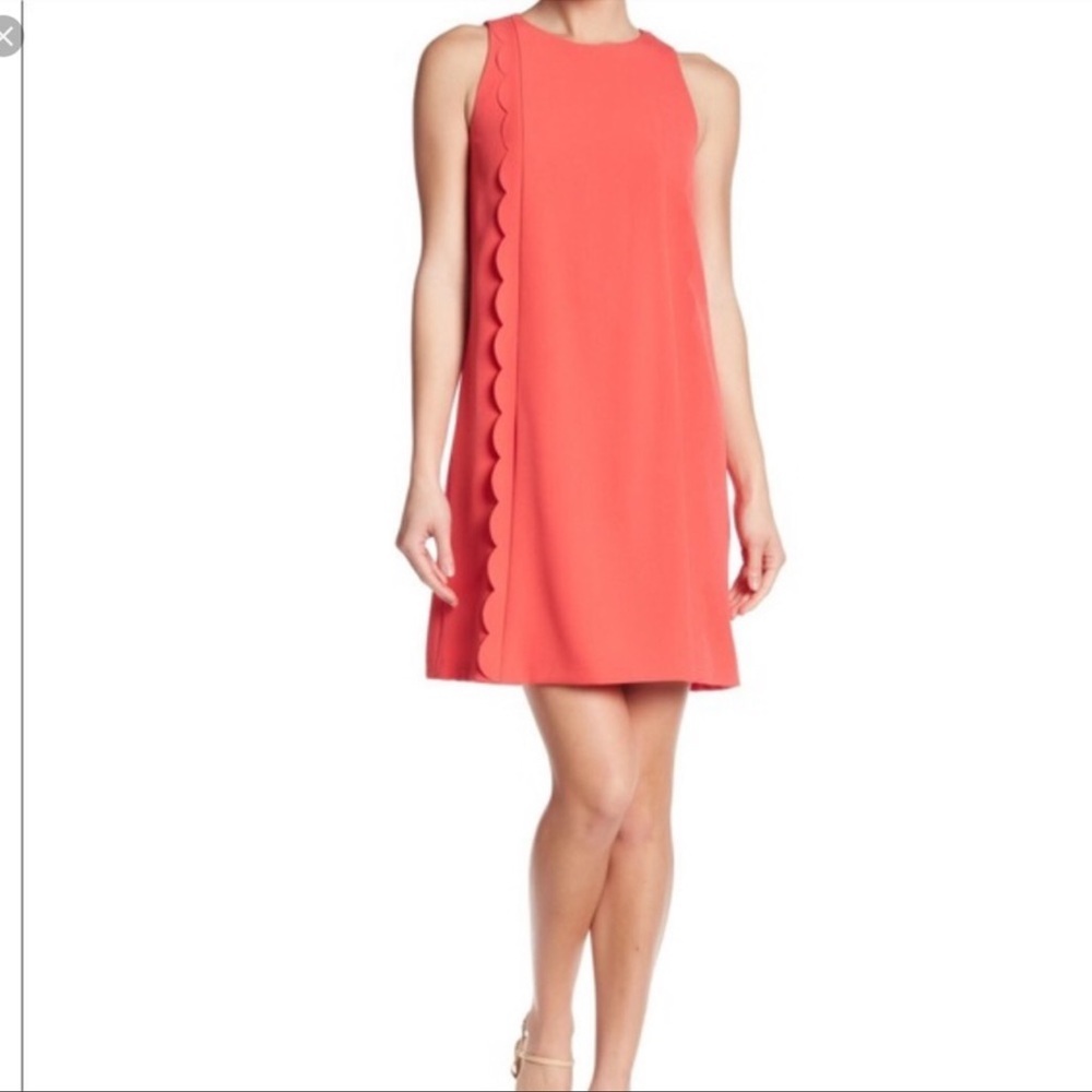 ✅NWT Tahari Levine Studio Bright Coral Scalloped Trim Shift Dress Sleeveless S 8 - Picture 4 of 4